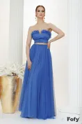 Rochie de ocazie de LUX din albastru royal din tul bust buretat si transparenta in zona taliei picture - 1