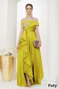 Rochie de ocazie de LUX din tafta satinata lime cu bust fronsat pene si cristale picture - 1