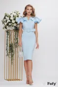 Rochie de ocazie eleganta din neopren baby blue cu volane la maneci si aplicatii de perle si strassuri picture - 1