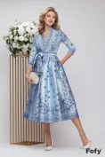 Rochie de ocazie lunga de LUX din tafta bleu imprimata cu decolteu petrecut picture - 1