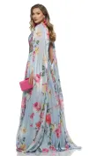 Rochie de ocazie lunga de LUX spectaculoasa din voal cu imprimeu foral satinat baby blue cu aplicatii de cristale si maneci despicate  picture - 2
