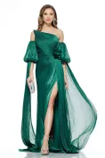 Rochie de ocazie lunga de LUX spectaculoasa din voal usor satinat verde cu maneci detasabile picture - 1