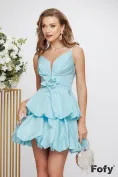 Rochie de ocazie sofisticata bleu ciel din tafta premium cu bust buretat si accesoriu floral cu cristale picture - 1