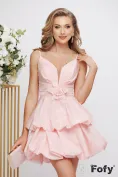 Rochie de ocazie sofisticata roz din tafta premium cu bust buretat si accesoriu floral cu cristale picture - 1