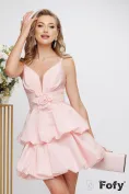 Rochie de ocazie sofisticata roz din tafta premium cu bust buretat si accesoriu floral cu cristale picture - 2