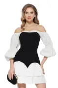 Rochie de ocazie spectaculoasa cu corset grafic negru si fusta alba cu volane picture - 1