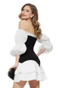 Rochie de ocazie spectaculoasa cu corset grafic negru si fusta alba cu volane picture - 2