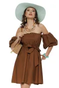 Rochie de vara scurta din bumbac cafeniu cu maneci bufante picture - 1
