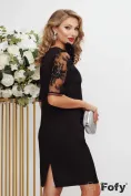 Rochie elegantă de ocazie Fofy neagra balon cu maneci din dantela premium si brosa floare picture - 3