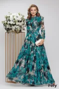 Rochie eleganta de ocazie lunga de LUX din voal fin imprimeu floral verde si margele picture - 1
