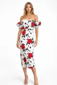Rochie eleganta decoltata alba cu trandafiri rosii si maneci bufante detasabile picture - 1