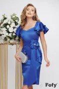 Rochie elegantă Fofy din tafta albastra usor elastica cu decolteu aplicatie florala si volane la umeri picture - 1