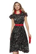 Rochie eleganta Fofy midi  neagră cu imprimeu alb și accente roșii picture - 1