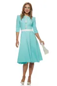 Rochie eleganta Fofy turquoise clos cu  insertii albe si aplicatii florale sidefate sofisticate picture - 1