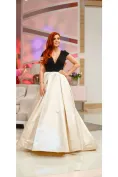 Rochie elegantă lunga din tafta pruna usor elastica cu bust negru si fusta bej picture - 3
