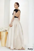 Rochie elegantă lunga din tafta pruna usor elastica cu bust negru si fusta bej picture - 2