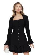 Rochie eleganta neagra cu decolteu patrat volane si detalii grafice picture - 1