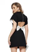 Rochie eleganta premium neagra mini  cu decupaj spectaculos la spate si funda in contrast picture - 2