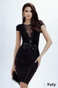 Rochie Fofy de ocazie neagra elegantă premium cu fusta de paiete inserti de pene si dantela premium si pene la decolteu picture - 1