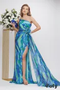 Rochie lunga de ocazie de LUX din voal diafan multicolor cu corset oblic si floare picture - 1