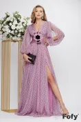 Rochie lunga de ocazie de LUX din voal diafan roz liliachiu cu buline decolteu petrecut si floare lucrata manual picture - 1