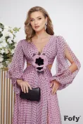 Rochie lunga de ocazie de LUX din voal diafan roz liliachiu cu buline decolteu petrecut si floare lucrata manual picture - 2