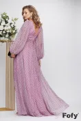 Rochie lunga de ocazie de LUX din voal diafan roz liliachiu cu buline decolteu petrecut si floare lucrata manual picture - 3