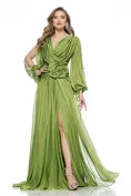 Rochie lunga de ocazie de LUX din voal verde fistic cu decolteu petrecut floare maxi si maneci despicate picture - 1