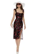 Rochie midi de vara din lycra satinata neagra cu imprimeu cirese si cupe buretate picture - 1