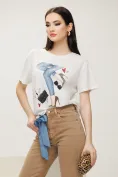 Tricou dama premium negru din bumbac alb cu imprimeu de blugi stilizati si fundita decorativa picture - 1