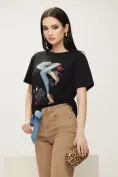 Tricou dama premium negru din bumbac cu imprimeu de blugi stilizati si fundita decorativa picture - 1