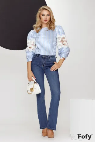 Blugi dama evazati albastri premium elastici cu talie medie efect push-up