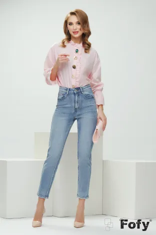 Blugi dama premium conici cu strassuri albastru deschis usor elastici