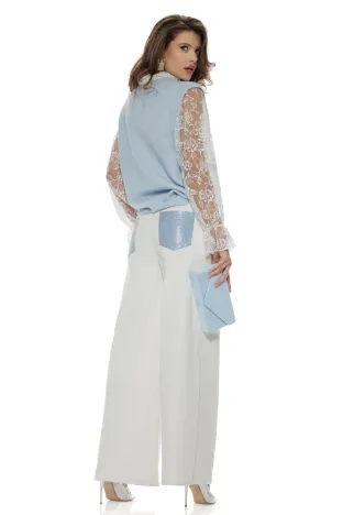 Blugi dama wide premium cloud dancer 2026 elastic cu buzunre baby blue cu strassuri