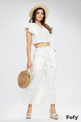 Bluza dama alba de vara premium din bumbac brodat cu elastic in talie si ciucuri cu scoici naturale