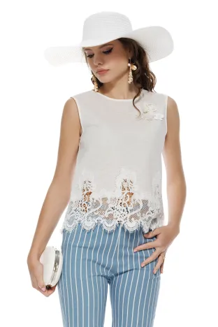 Bluza dama de vara din in alb premium cu accesorii din margele si paiete si broderie aplicata