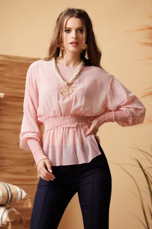 Bluza dama  diafana din voal roz cu perle si manseta lata