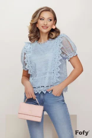 Bluza dama eleganta bleu ciel din dantela  premium de bumbac