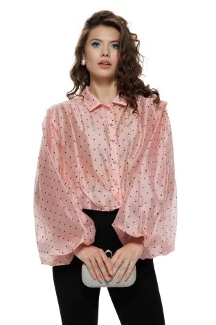 Bluza dama eleganta din matase de tencel roz cu buline umeri stucturati si talie pe elastic