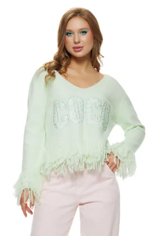 Bluza dama eleganta din tricot premium verde menta cu broderie cu floricele si franjuri
