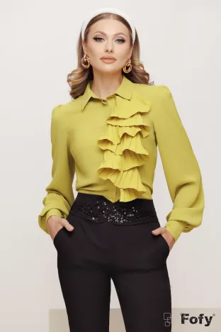 Bluză dama eleganta lime Fofy cu jabou elaborat plisat pe o parte 