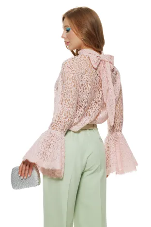 Bluza dama eleganta roz din dantela premium de bumbac cu volane si esarfa innodata