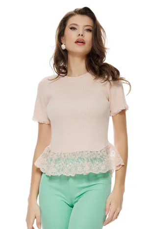 Bluza dama eleganta roz din vascoza premium cu peplum din dantela
