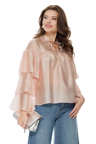 Bluza dama eleganta roz premium din matase acetat cu guler si maneci cu volane suprapuse