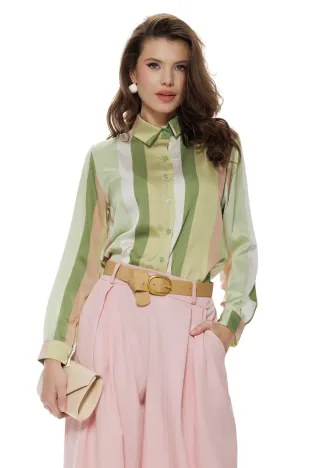 Bluza dama eleganta satinata cu dungi late in nuante de verde