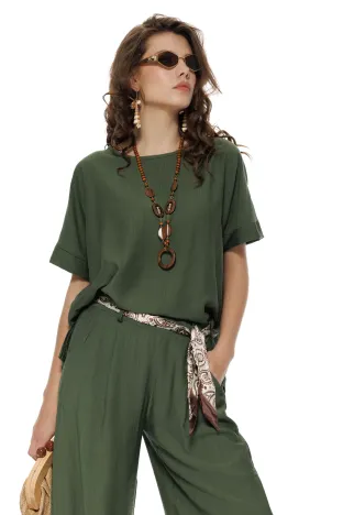Bluza dama premium din vascoza racoroasa olive colier bohemian