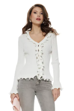 Bluza eleganta din vascoza premium alb cu volane spiralate