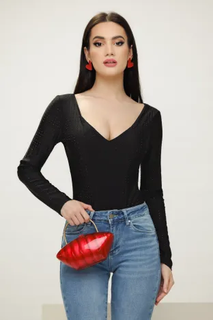 Body dama elegant decoltat cu aplicatii de strasuri