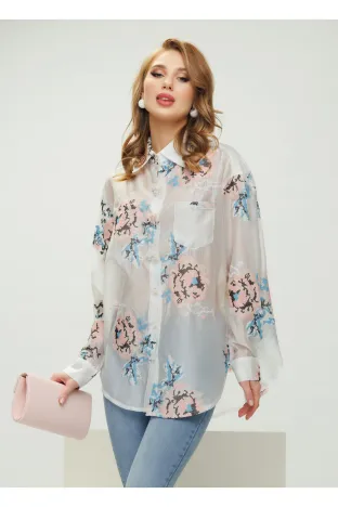 Camasa dama alba premium din matase tencel cu broderie florala si aplicatii din margele