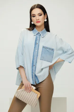 Camasa dama casual premium din bumbac bleu cu insertii de blug si cristale